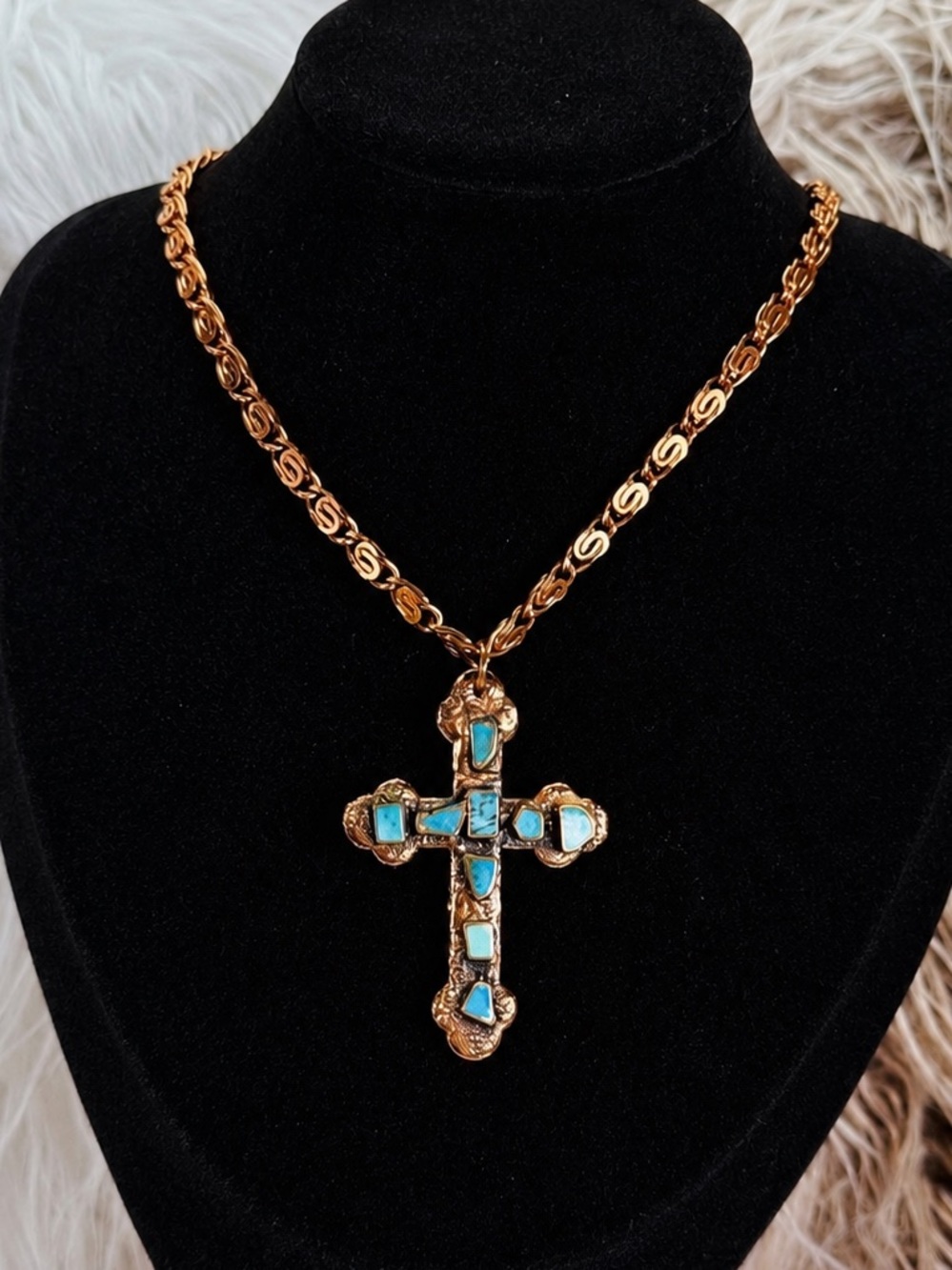 Vintage Solid Copper Turquoise Cross Necklace Signed Susan Artisan Southwestern
